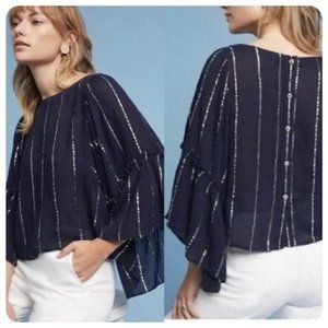 Floreat Anthropologie Womens Blouse Stripe Size XS Metallic Blue Bell Sleeve Top